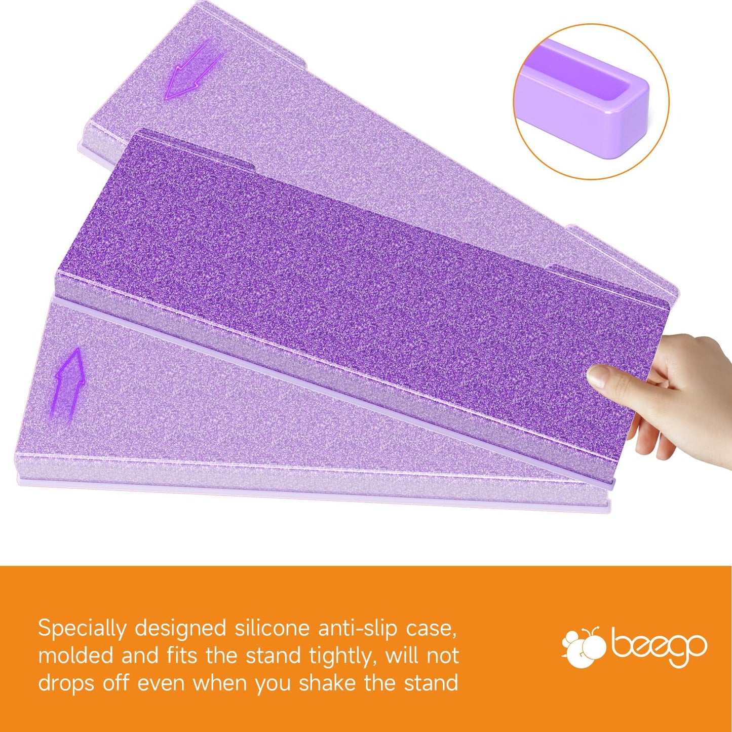 BEEGO Ergonomic Computer Keyboard Stand - Glitter Purple Acrylic Keyboard Riser Tilted Keyboard Holder Keyboard Tray with Purple Non-Slip Strip for Easy Typing at Home School Office Desk Accessories
