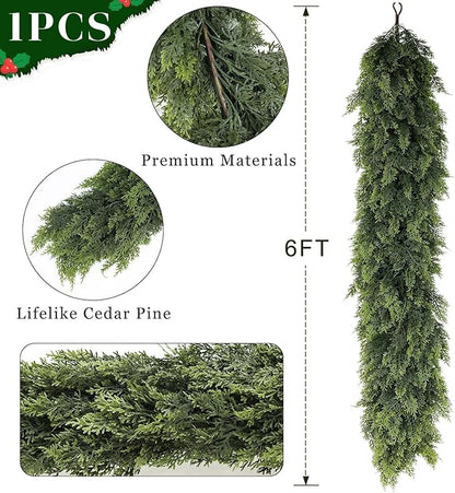 6FT Real Touch Cedar Garland for Fireplace - Artificial Christmas Garlands Realistic Faux Greenery Fake Pine Needles Garland for Holiday,Table, Window,Mantel,Stairs, Home,Indoor Outdoor Decor (1PCS)