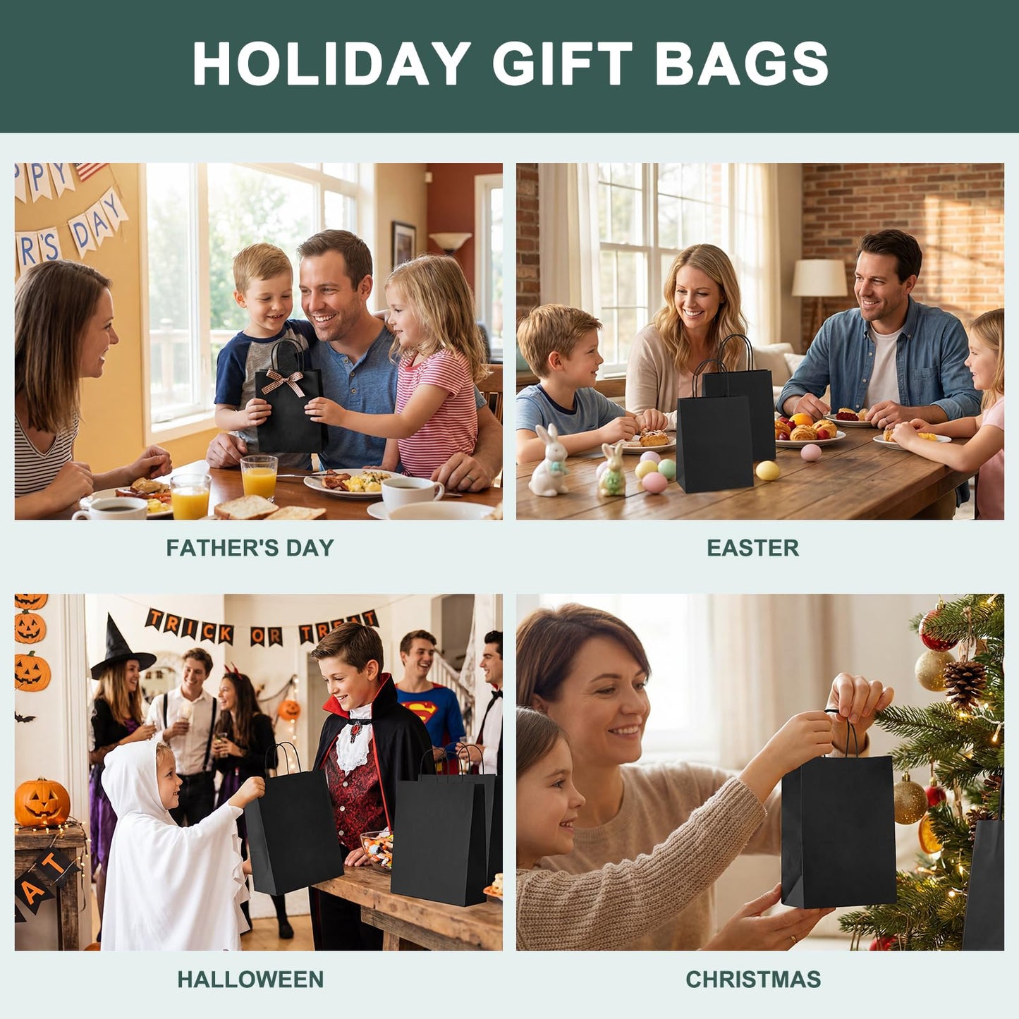 METRONIC Gift Bags with Handles,16x6x12 Inch Recyclable Black Paper Bag 50 Pack, Kraft Shopping for Business Grocery (Bulk)