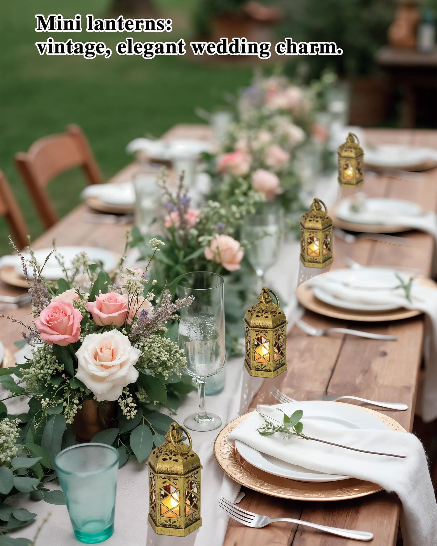 Reperla 8-Pack Mini Lanterns with Flickering LED Candles for Ramadan, Small Decorative Hanging Lanterns for Halloween, Christmas, Wedding, Gold Lantern for Table Centerpiece, Garden Party Decor