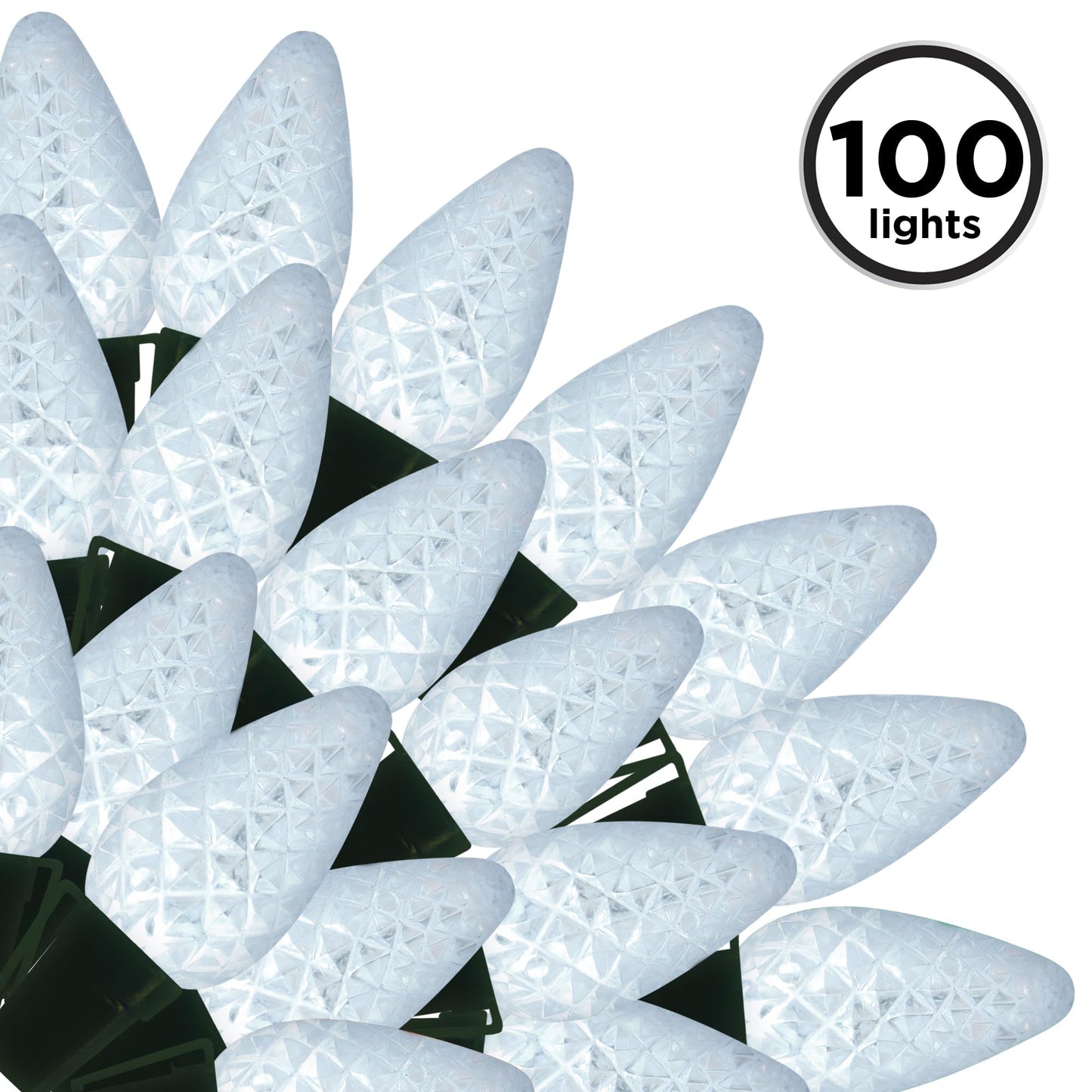 Brite Star 100 Lt Faceted C7 LED Lights, Pure White, Green Wire