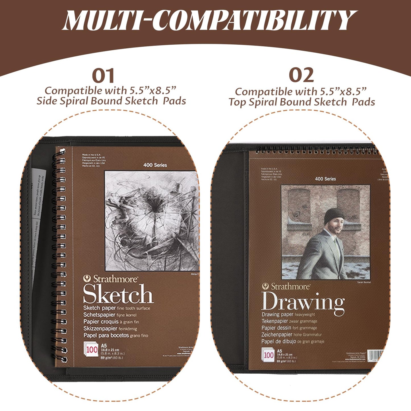 Plinyvel Travel Sketch Case & Cover: Leather Organizer Fits 5.5x8.5 Sketch Book & Spiral Pad | All-in-One Art Kit with Pencil Holder | Compact for Artists, Beginners & Travel (Black)