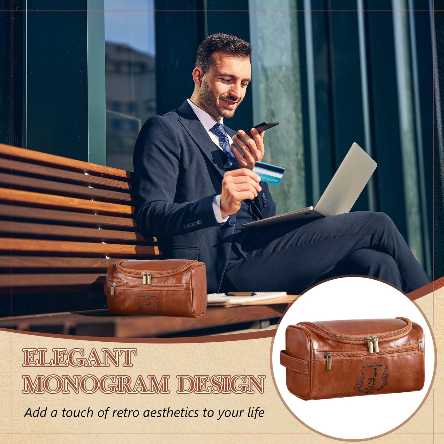 Sadnyy Father's Day Personalized Leather Toiletry Bag for Men Initial Travel Bag with Hook Monogrammed Toiletry Pouch Leather Travel Bathroom Kit with Side Handle for Anniversary Birthday Gifts(J)