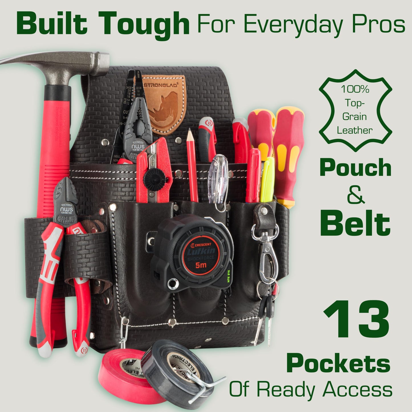 STRONGLAD Heavy-Duty Electricians Tool Belt – 13-Pocket Top-Grain Leather Pouch, Adjustable Fit 29–46" Durable Utility Belt for Electrical Work | Rugged Jobsite Organizer | Designed for Pros