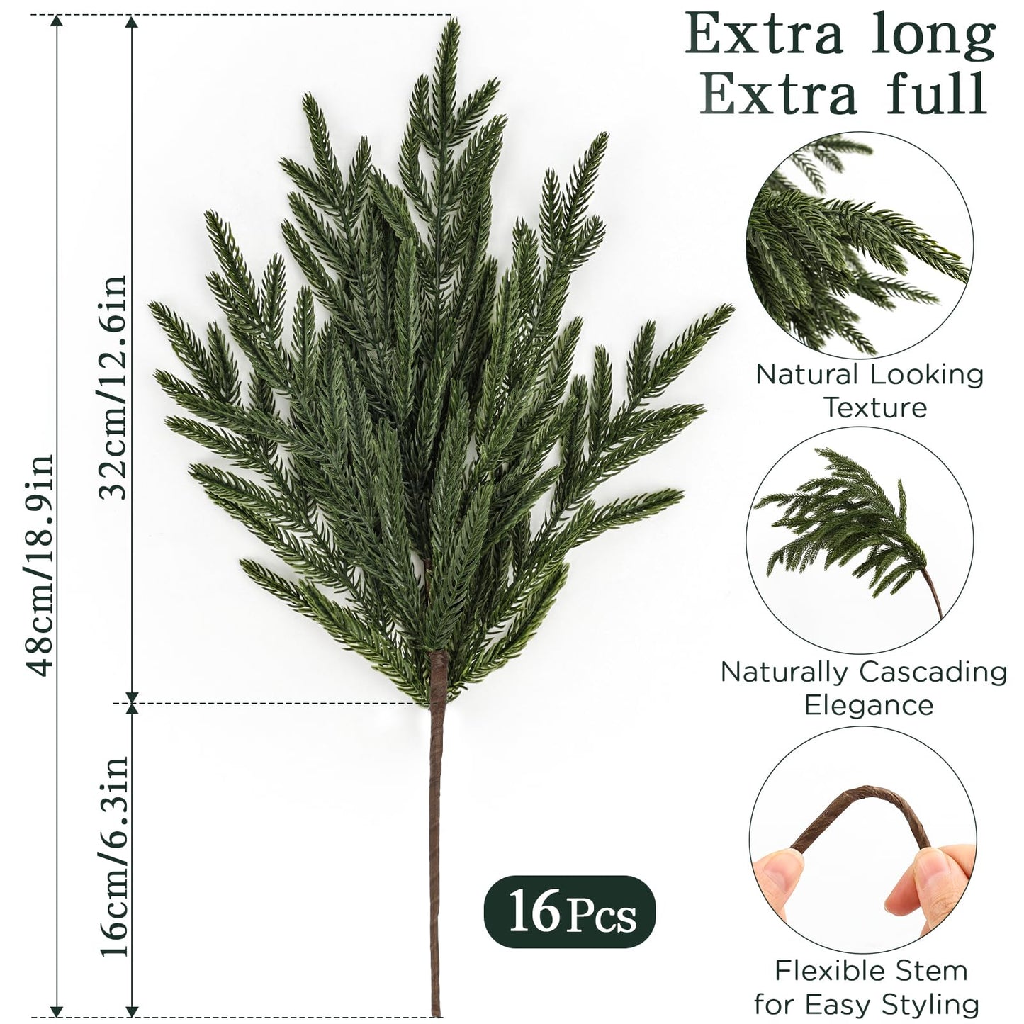 HOHOTIME 16 Pcs Christmas Norfolk Pine Branches, Real Touch Artificial Norfolk Pine Stems, Faux Evergreen Greenery Picks for Vase Fillers, DIY Garland Wreath Mantel Christmas Home Decor