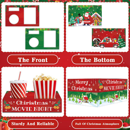 QOUBAI 32Pcs Christmas Party Supplies Movie Night Paper Snacks Boxes Xmas Santa Snowman Cinema Movie Theater Snack Tray Party Decorations Popcorn Drink Holder Set for Holiday Birthday Holiday