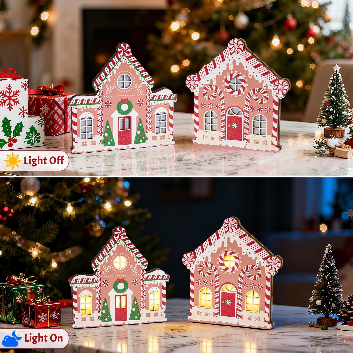 APUDWN 2 Pcs Lighted Gingerbread House Christmas Decorations, Lighted Wooden Village Set Centerpieces Battery Operated LED Gingerbread Decor for Home, Kitchen, Mantel, or Shelf Display, Gifts for Xmas
