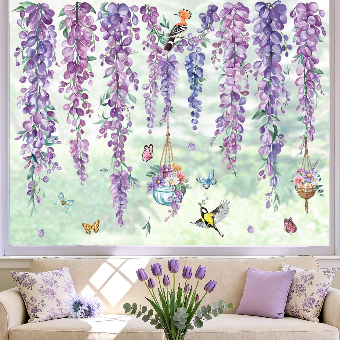 decalmile Spring Summer Purple Flower Hanging Vine Double Sided Window Clings Wisteria Floral Anti-Collision Glass Doors Window Stickers Decals