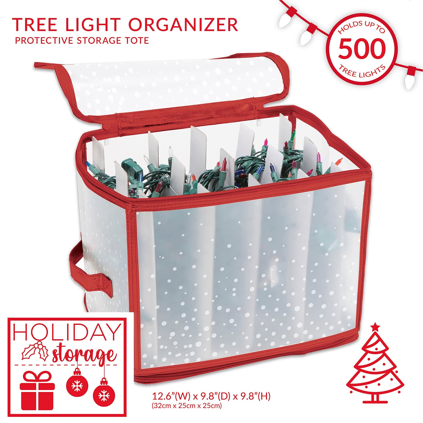 Simplify Holiday Light Organizer Box | Holds 500 Lights | Christmas Storage | Tree String Lights | 5 Divider Reels | Collapsible | Ultra Zip | Red