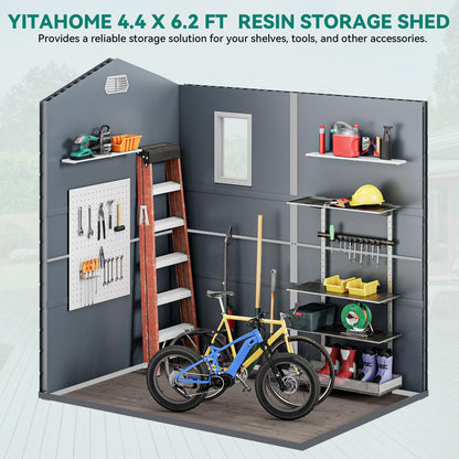 YITAHOME 4.4x6FT Resin Storage Unit sans Flooring, All-Weather Plastic Shed with Window, Vents and Secured Doors, Outdoor Plastic Tool Cabin for Poolside, Lawn, Backyard, Patio, Dark Gray