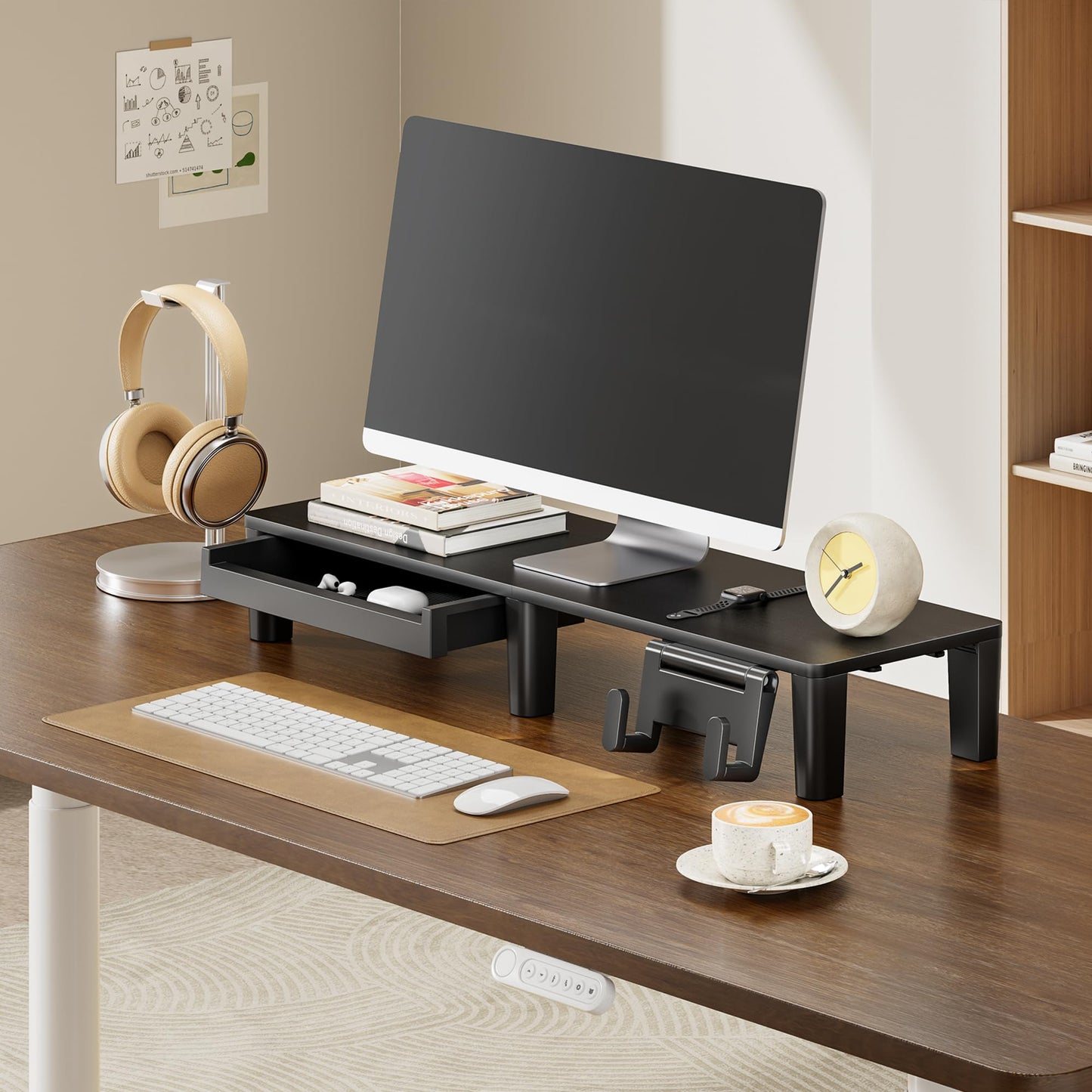 PEGZONE Monitor Stand Riser for Desk, Ergonomic Computer Riser with Storage Drawer, Desktop Shelf Organizer for PC, Laptop, Desk Computer Riser For Home Office