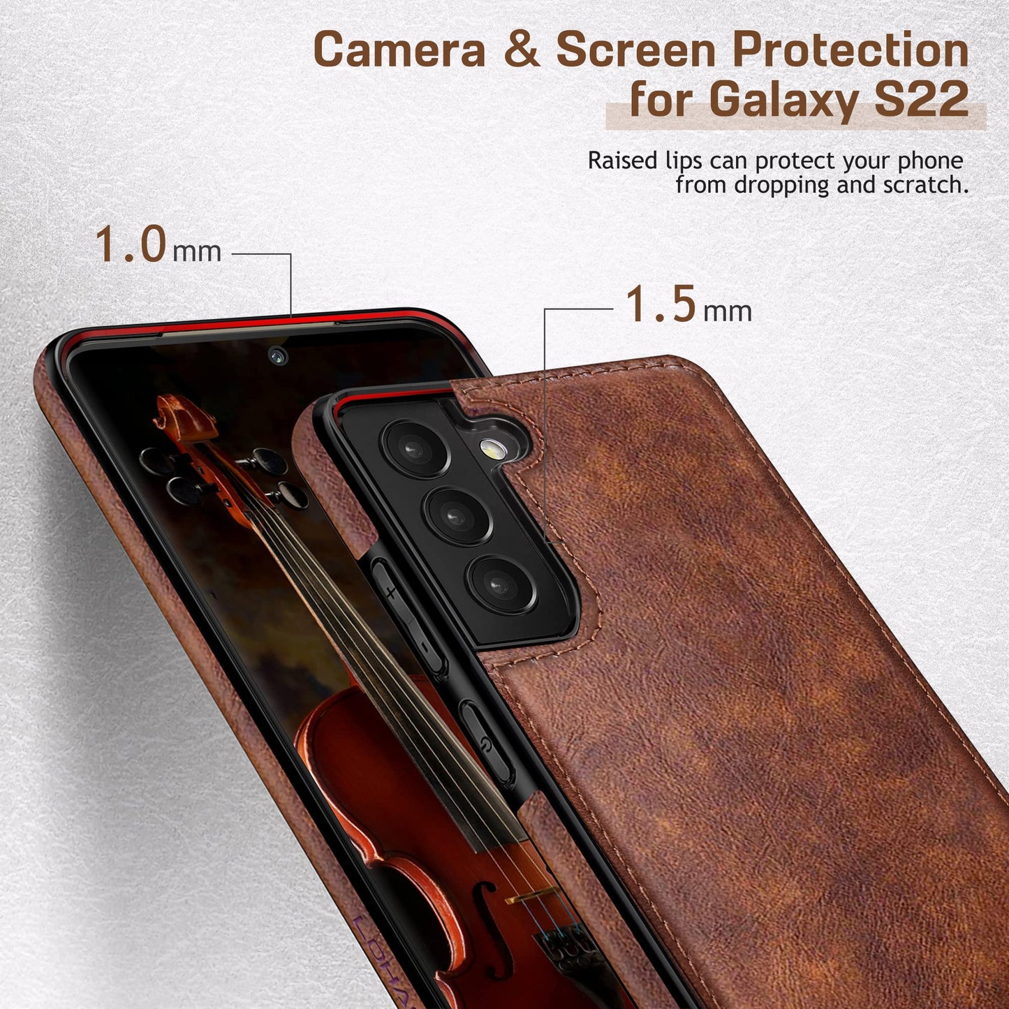LOHASIC for Galaxy S22 Case 5G, Premium Leather Luxury PU Non-Slip Grip Rugged Bumper Shockproof Full Body Protective Cover Men Women Phone Cases for Samsung Galaxy S22 (2022) 6.1 inch - Brown