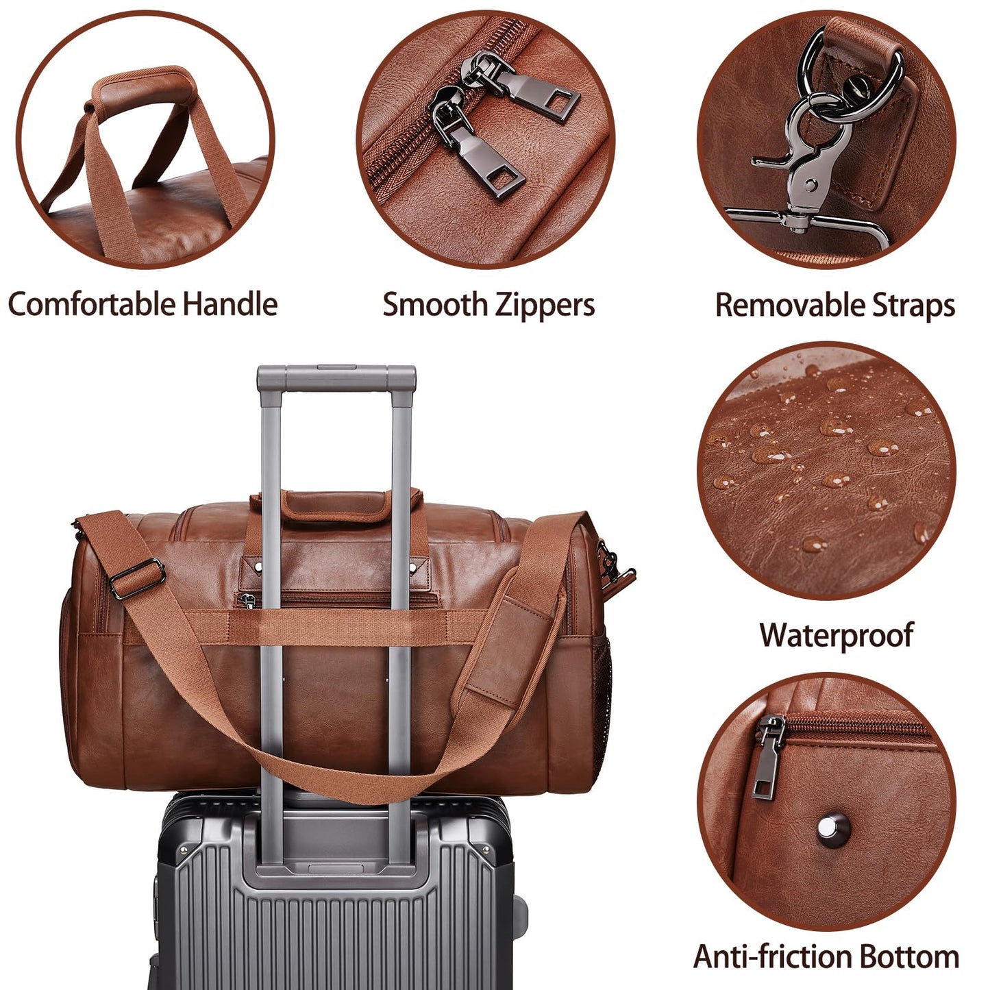 Leather Travel Duffle Bags for Men Women, Weekender Overnight Bag with Shoe Compartment Waterproof Carry on Duffle Bags for Airplanes Gym Sport Business Bag