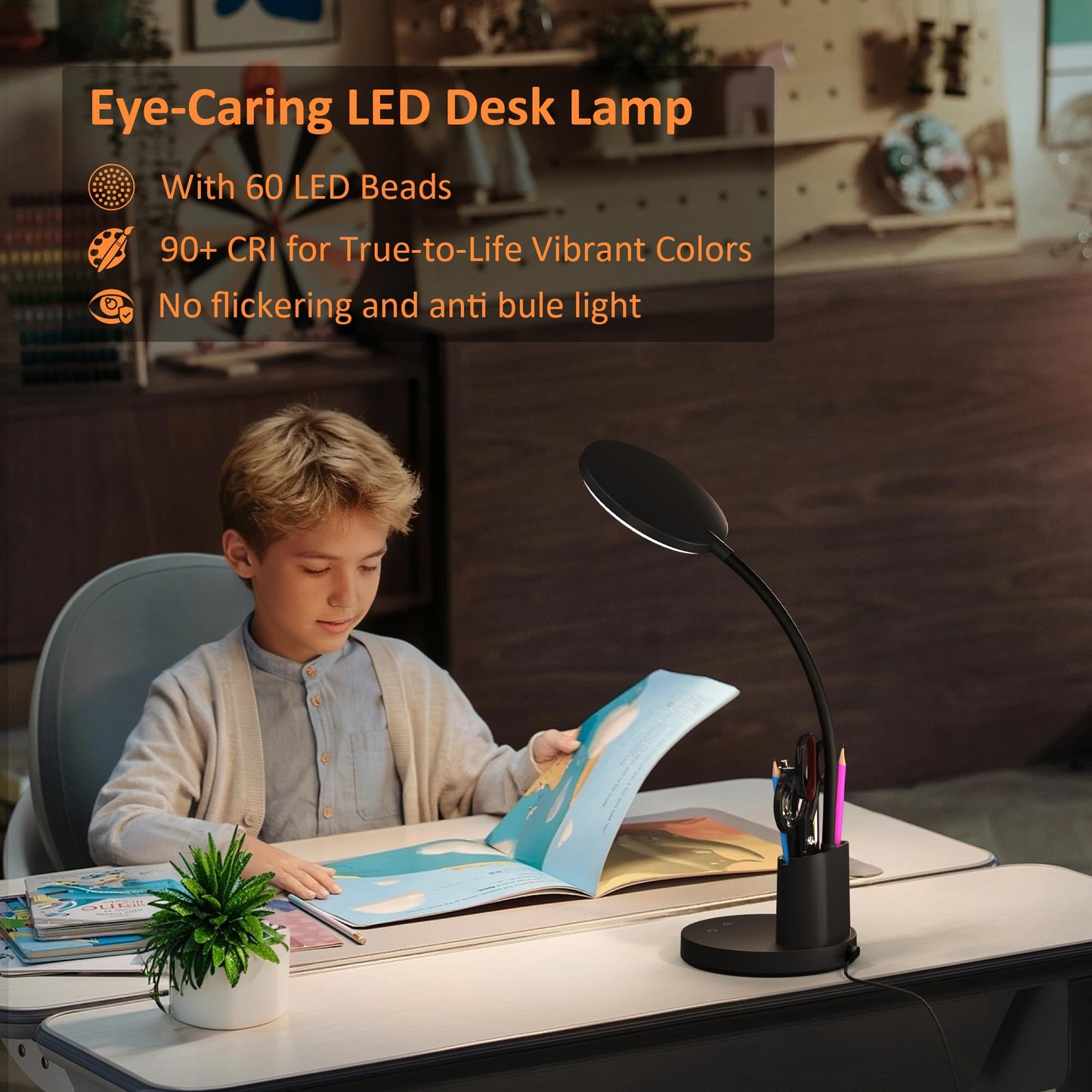 Vicsoon Desk Lamp, LED Desk Lamps for Home Office, Touch Table Lamp with 3 Color Modes 360° Adjustable Arm, Dimmable Desk Light with Pen Phone Holder for College Dorm, Black