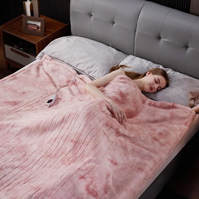 Guohaoi Heated Blanket Electric Throw, Soft Faux Rabbit Fur Electric Blanket with 10 Heating Levels 5 Sitting Timer Auto Off, Cozy Warm Heating Blankets, Machine Washable(50"×60" Pink)