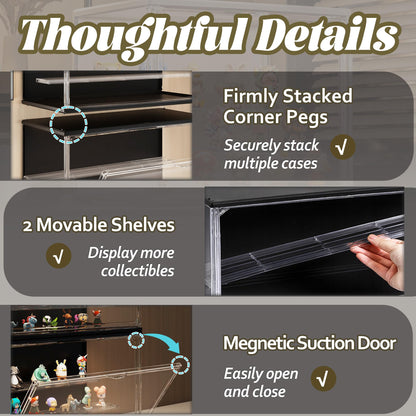 VERSSURE Clear Display Case for Collectibles, 3-Tier Adjustable Figure Display Case with LED Light, Stackable Acrylic Showcase with Magnetic Door for Jewelry,Collectibles (Black, 1 Pack-8.7" H)
