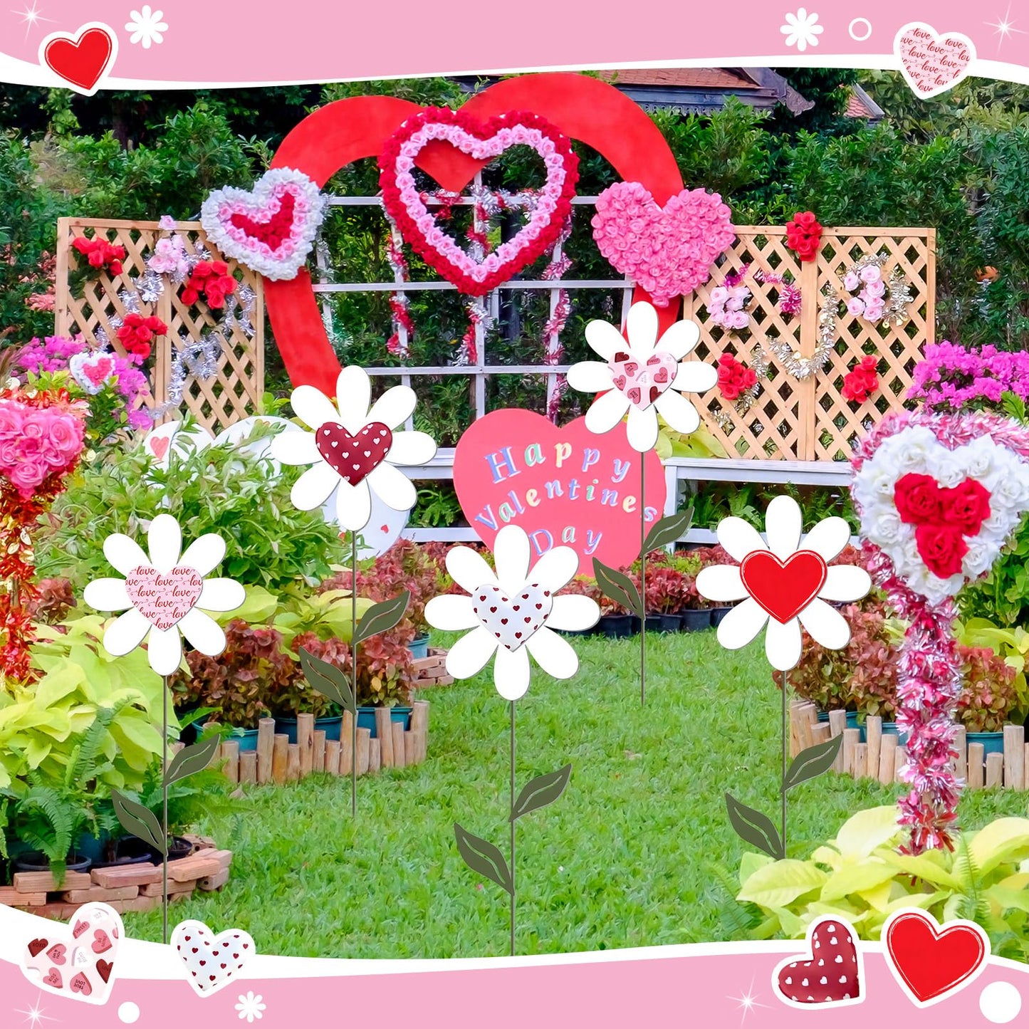 Nuanchu 5 Pcs 27.4" Metal Spring Flower Yard Signs Heart Yard Sign Stake Waterproof Floral Heart Lawn Signs Spring Outdoor Decorations for Mother's Day Outside Garden Patio Pathway Home Decor