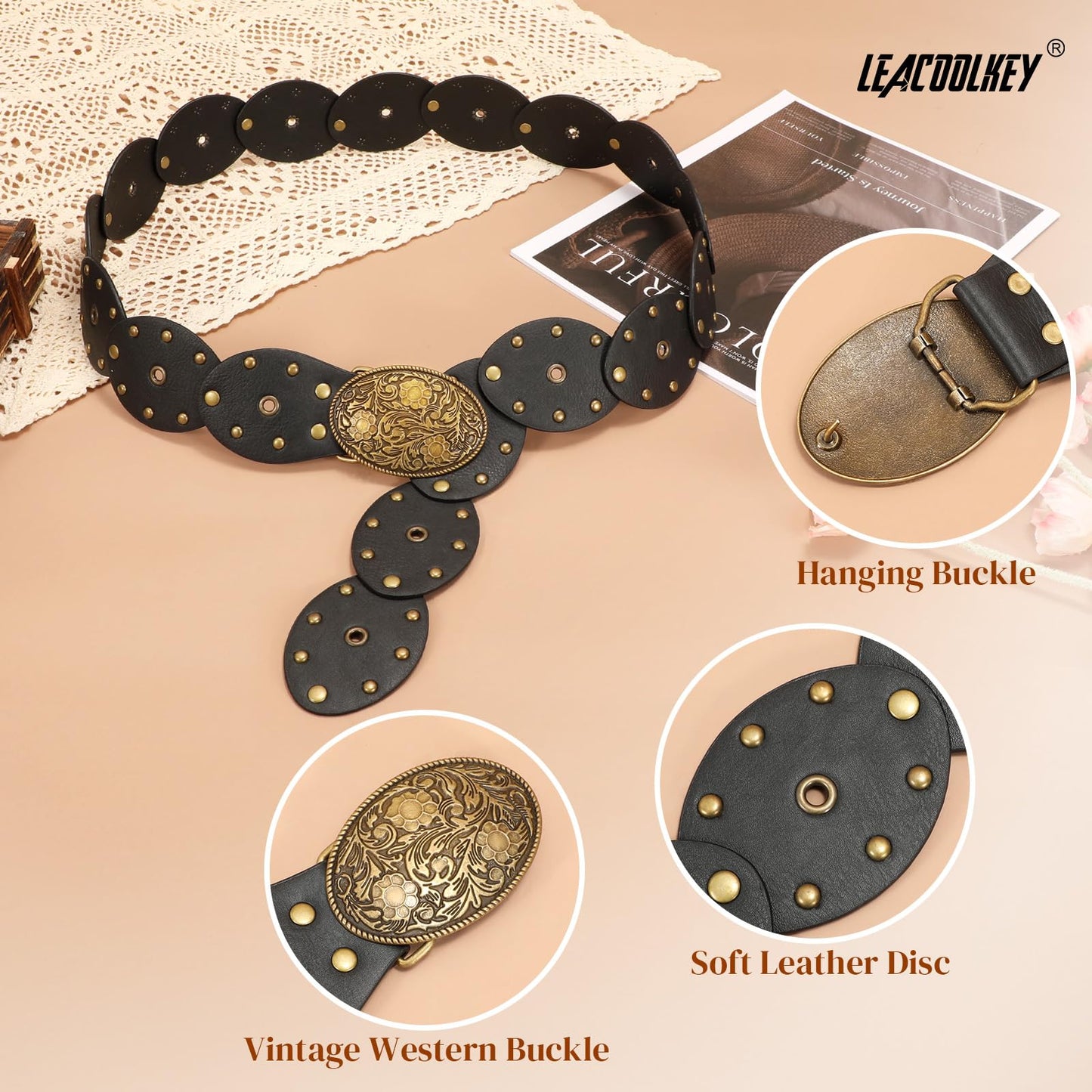 LEACOOLKEY Hollow Disc Belt Western Leather Belt Boho Concho Belt Vintage Waist Belt for Women