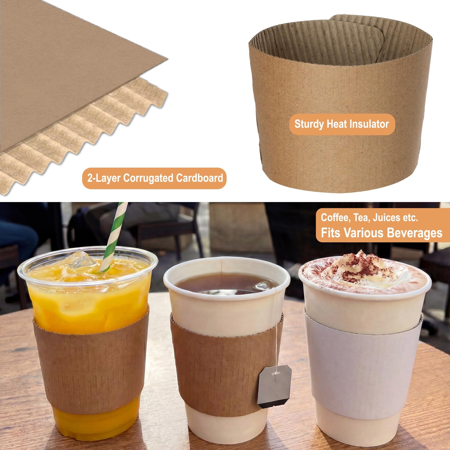 Coffee Sleeves For 10 to 20 oz. Cups (400 Pack) - Disposable Kraft Corrugated Cardboard Paper Jacket For Better Grip, Hot Cold Drinks Holder, Chocolate Milk Tea Beverage Insulator, Hand Protection