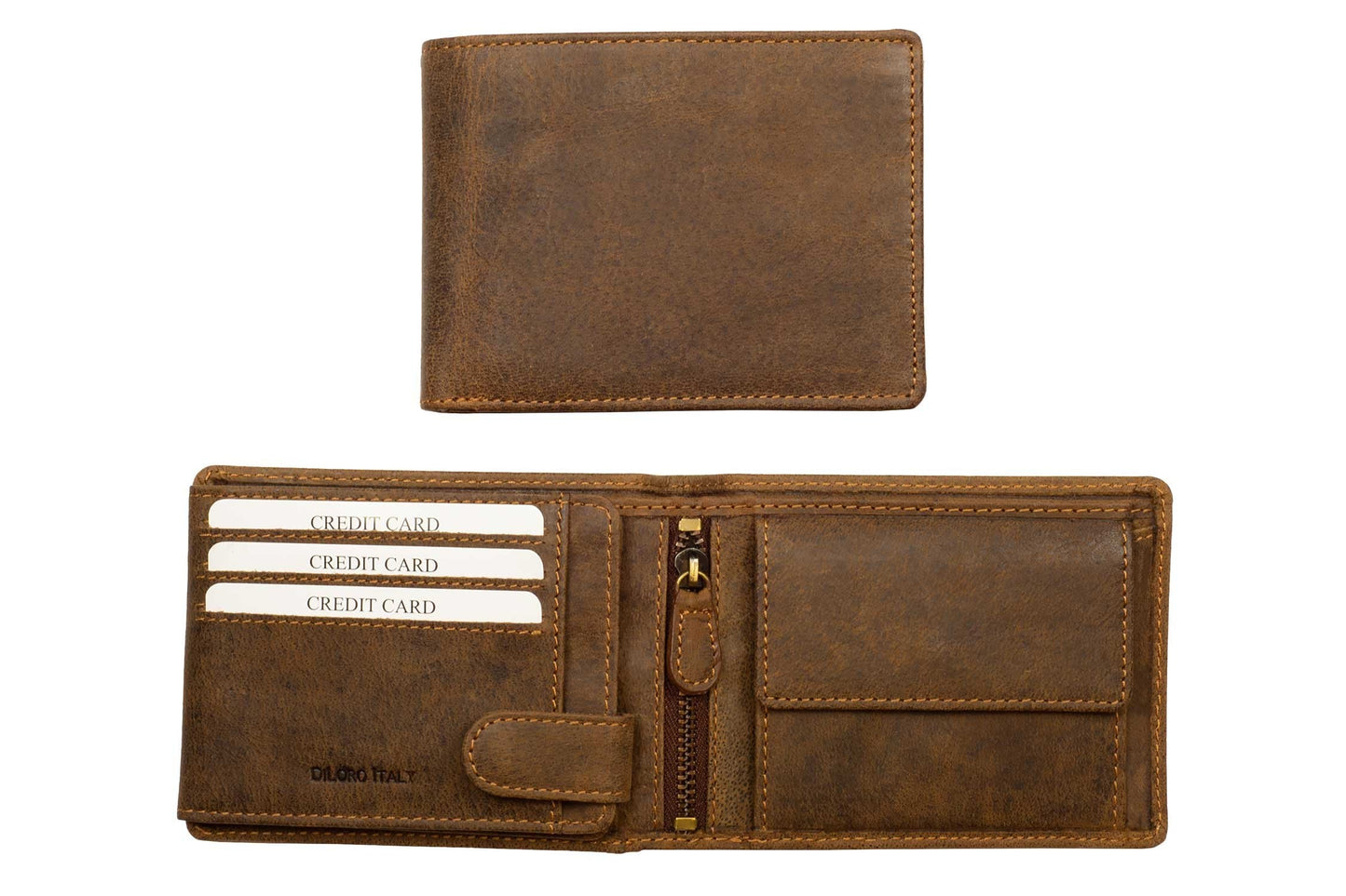 DiLoro Italy Full Size Mens Leather Wallet Bifold Flip ID Zip Coin Wallets with RFID Protection (Dark Hunter Brown With ID)