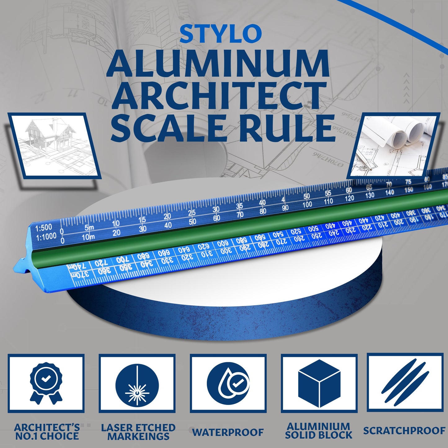 Stylo 12" Aluminum Architect Scale Ruler Laser Etched Triangle Drafting Ruler, Color Coded Grooves for Blueprint, Drafting and Drawing, Architectural Scale Ruler for Blueprints (Blue, Metric Units)