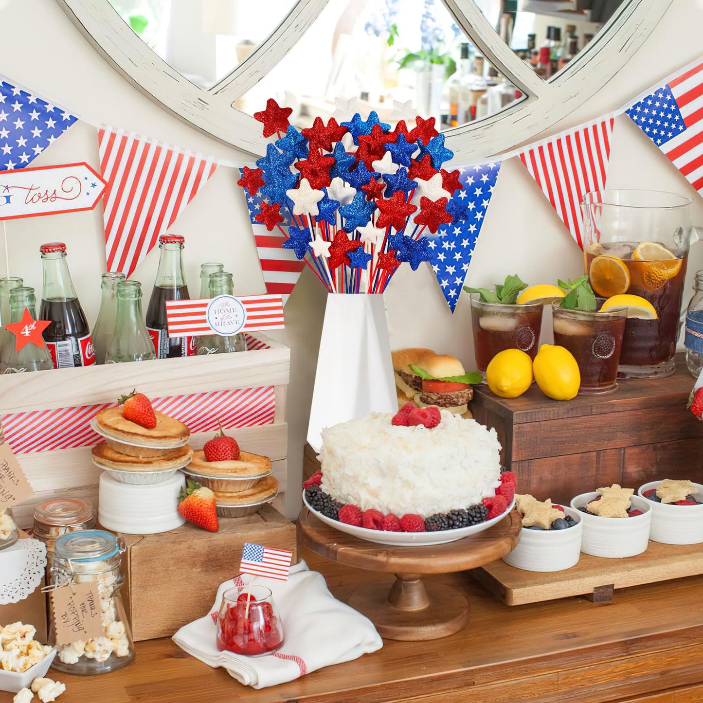 JUNEBRUSHS 4th of July Decorations, 108 Pcs Glitter Puffy Star Picks Foam Star Stems Red White and Blue Artificial Stem Flowers for Patriotic Wreath Table Centerpieces Decoration