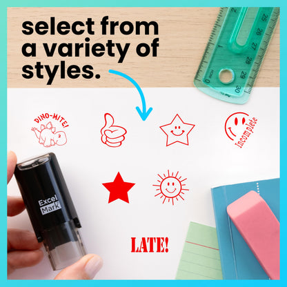 ExcelMark Happy Sun - Round Self-Inking Teacher Stamp - Red Ink