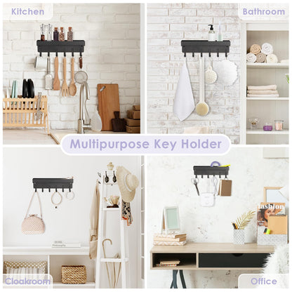 VIS'V Key Holder Wall Mount, Compact Adhesive Key Rack with Tray, 6 Hooks, 2 Mount Options, Black