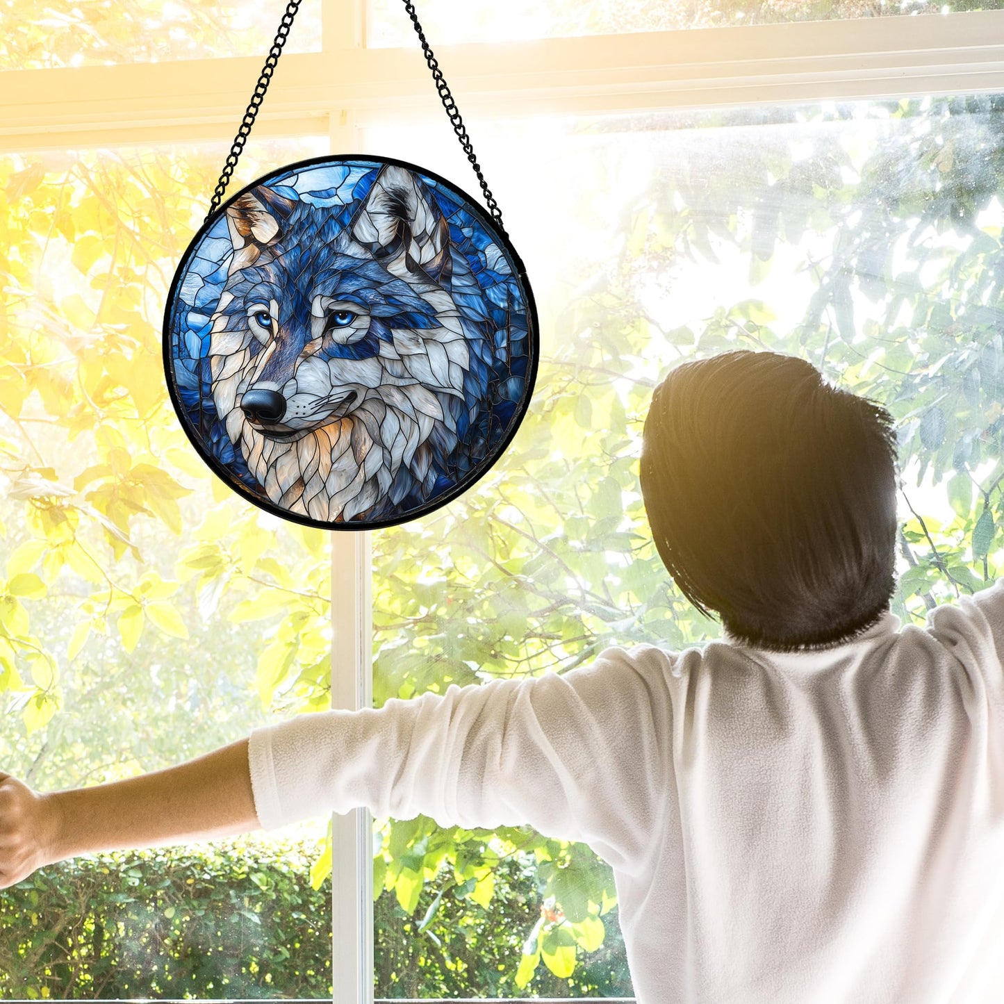 DASTOLL Stained Glass Window Hanging - Funny Wolf Suncatcher Ready to Hang Window Doors Home Decoration and Christmas, Mother's Day Birthday Gifts for Women, Men, and Mom 7.8x7.8 in