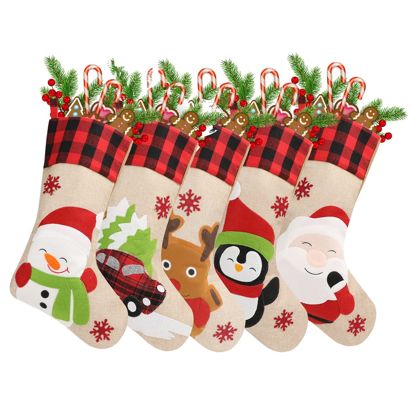Christmas Stockings 5 Pack, 18'' Large Christmas Stockings with Santa Snowman Gnomes Pattern,Classic Buffalo Plaid Cuff,Xmas Ornaments for Family Stairs Fireplace Tree Hanging