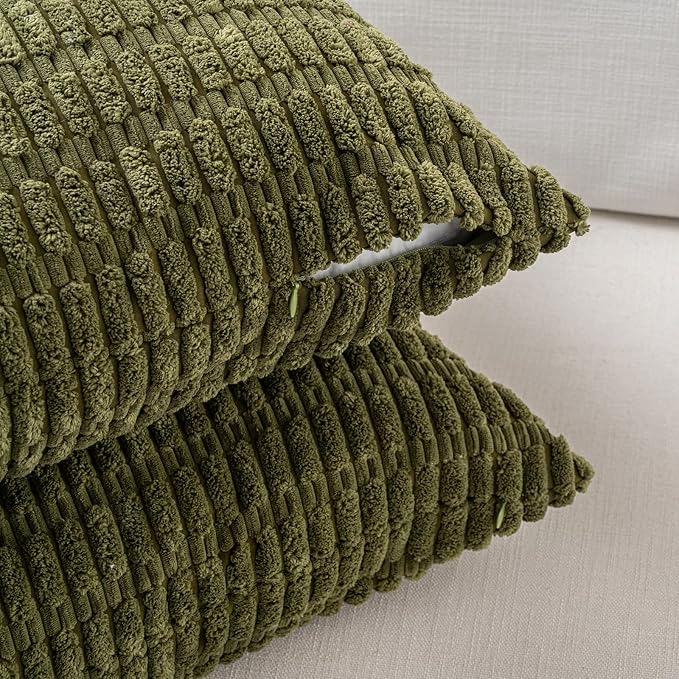 Fancy Homi 1 Pack Boho Moss Green Decorative Throw Pillow Covers 12x20 Inch for Couch Bed Sofa, Rustic Modern Farmhouse Home Decor, Soft Plush Corduroy Cute Rectangle Cushion Case 30x50 cm