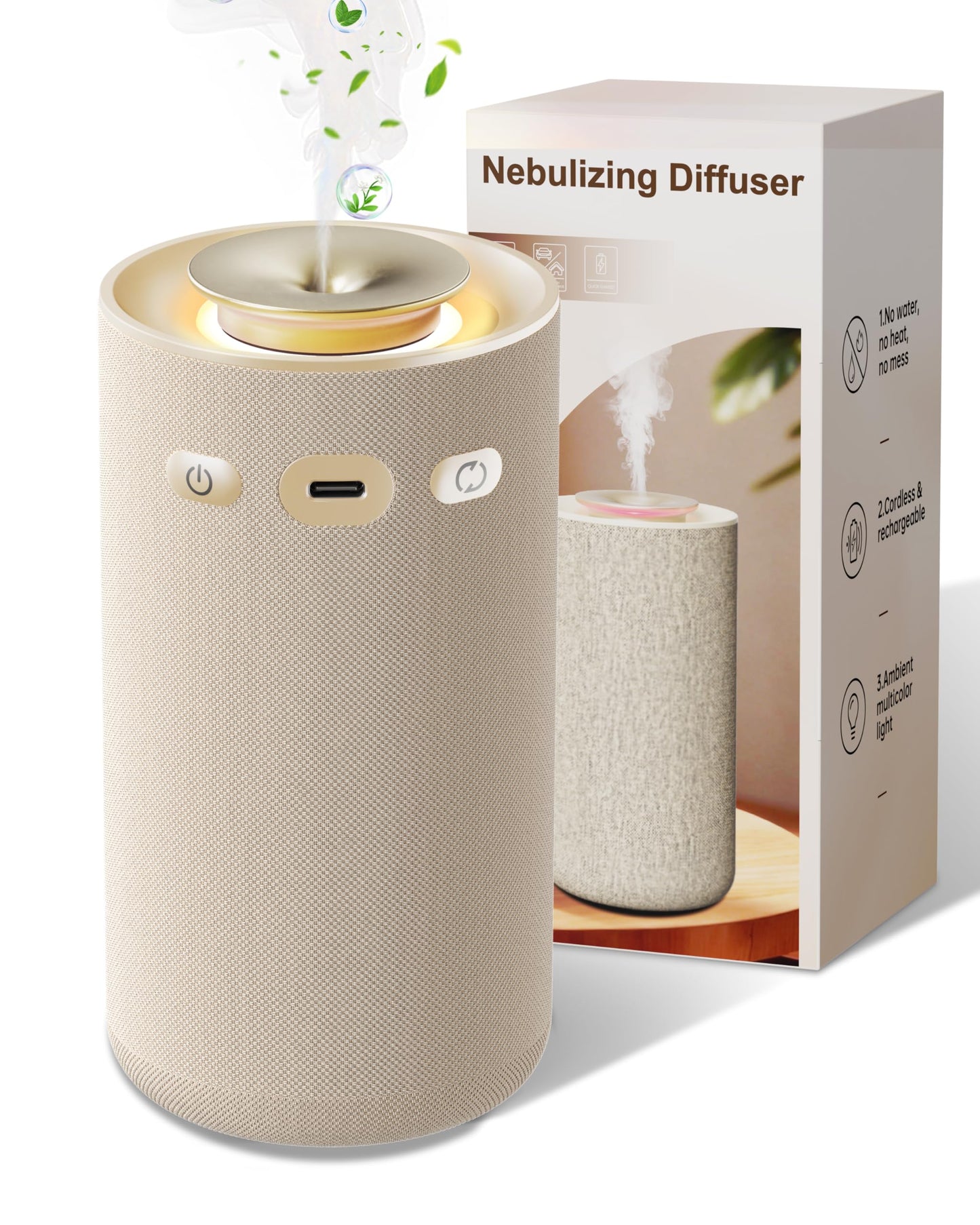 Waterless Essential Oil Diffuser,Portable Car Aromatherapy Diffuser,Rechargeable Cordless Scent Device with Fabric Design,Adjustable Mist & Ambient Light for Home, Office, Travel (Beige)