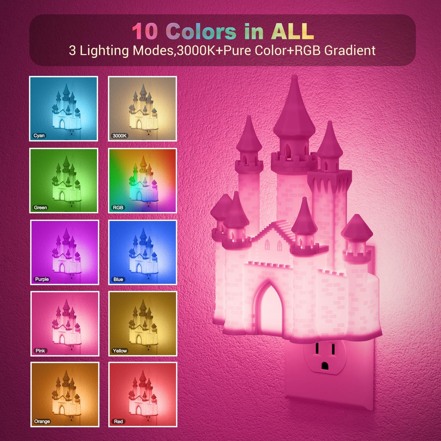 JandCase Night Lights Plug into Wall,3D Printed Castle RGB Night Light,2 Pack 10-Color Change Night Light,Dimmable Nightlights with Dusk to Dawn Sensor for Rooms Bathroom Hallway