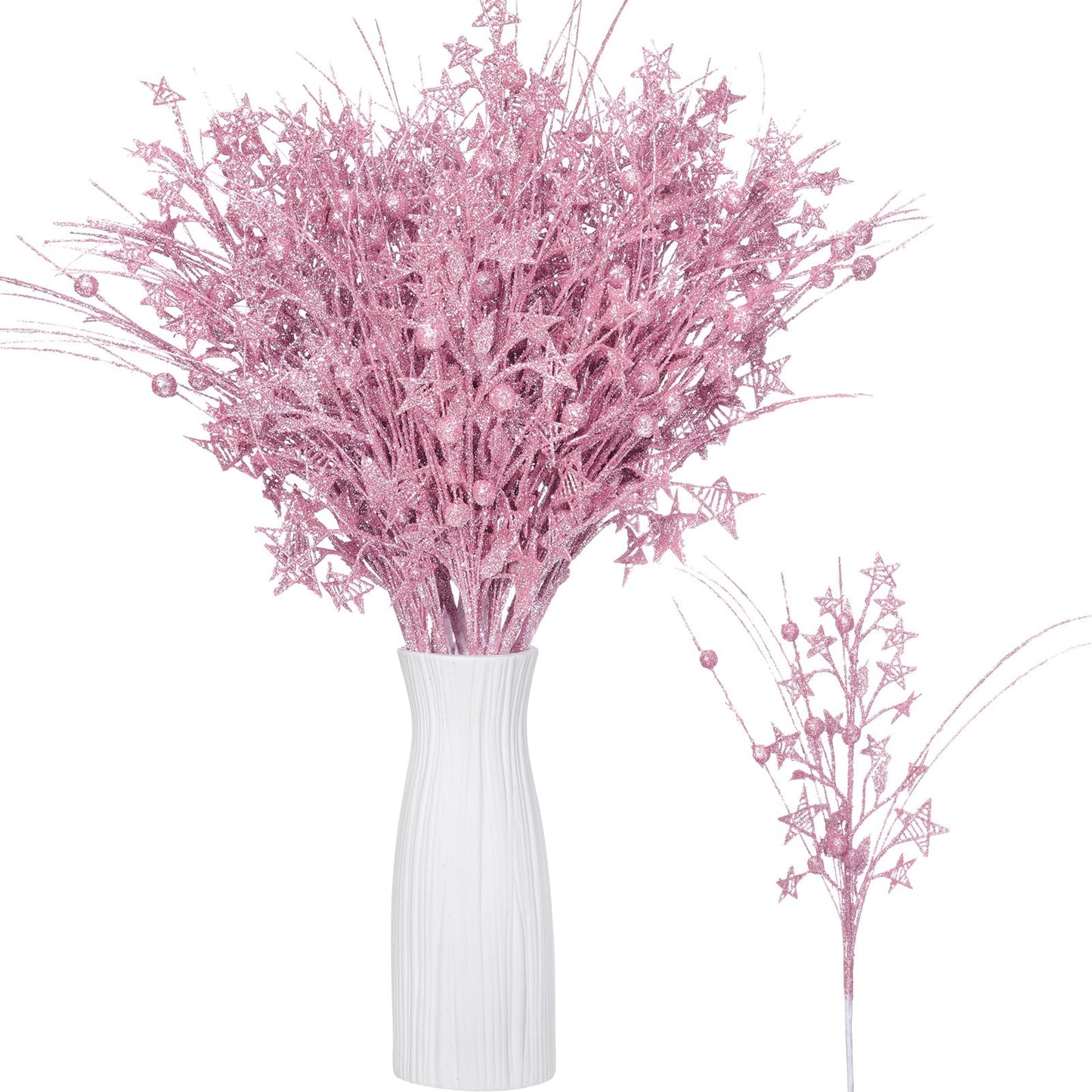 Simgoing 24 Pcs Artificial Christmas Berry Stem Picks Star Picks Faux Floral Berry Spray Branches Christmas Table Centerpiece Home Office Vase Filler Decoration (Pink)