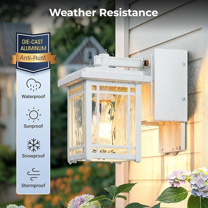 2-Pack Outdoor Wall Light with GFCI Outlet, White Dusk to Dawn Exterior Light Fixture Wall Lantern, Waterproof Front Porch Lights Wall Mount, Modern Outdoor Coach Lights with Water Ripple Glass