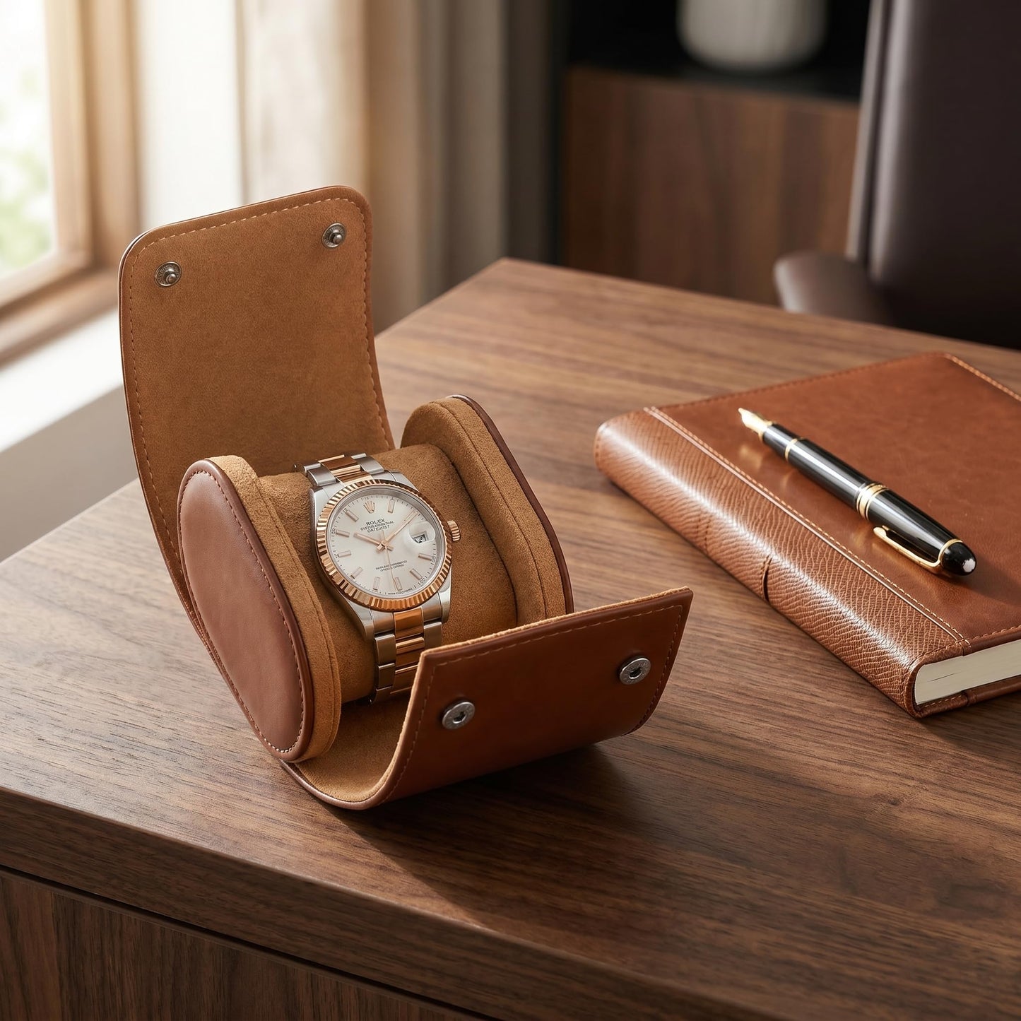 Luxury Watch Travel Case for Men – Premium Leather Watch Roll with Soft Compressible Pillows Fits Rolex, Omega & Apple Watch Ultra (Brown)