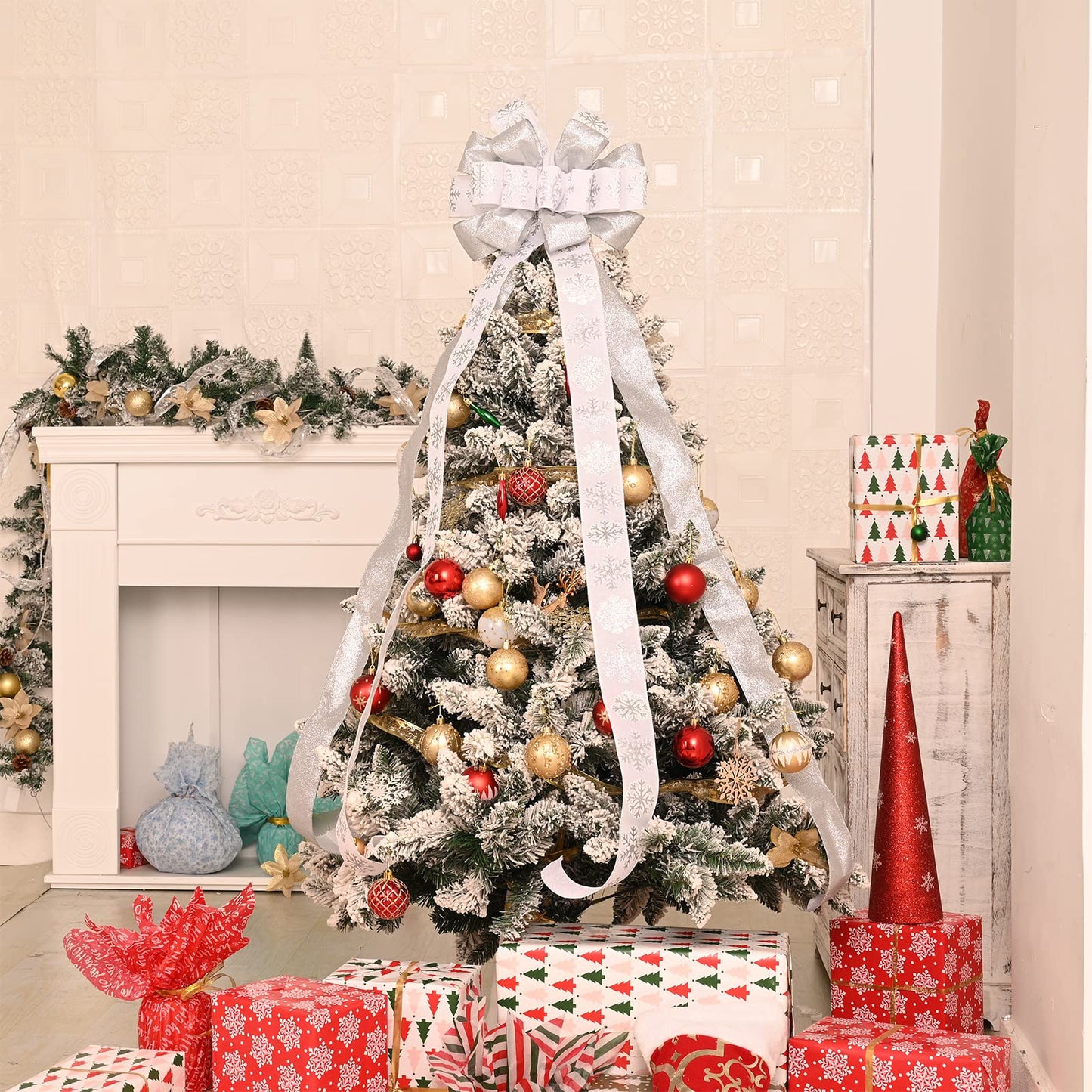 Christmas Tree Topper, 40x13 Inches Toppers Bow with Glitter Satin Mesh Streamer and Patterned Ribbon, Christmas Tree Topper Bow for Christmas Home Decoration (Gold)