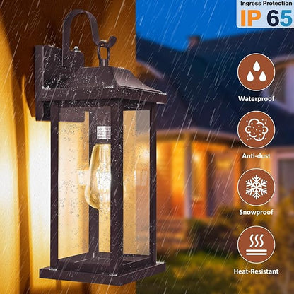 Dusk to Dawn Outdoor Wall Sconces Bronze 2-Pack 17 Inch Large, IP65 Waterproof Exterior Light Fixtures Porch Lights Brown with Clear Tempered Glass E26 Outdoor Light Fixture Anti-Rust
