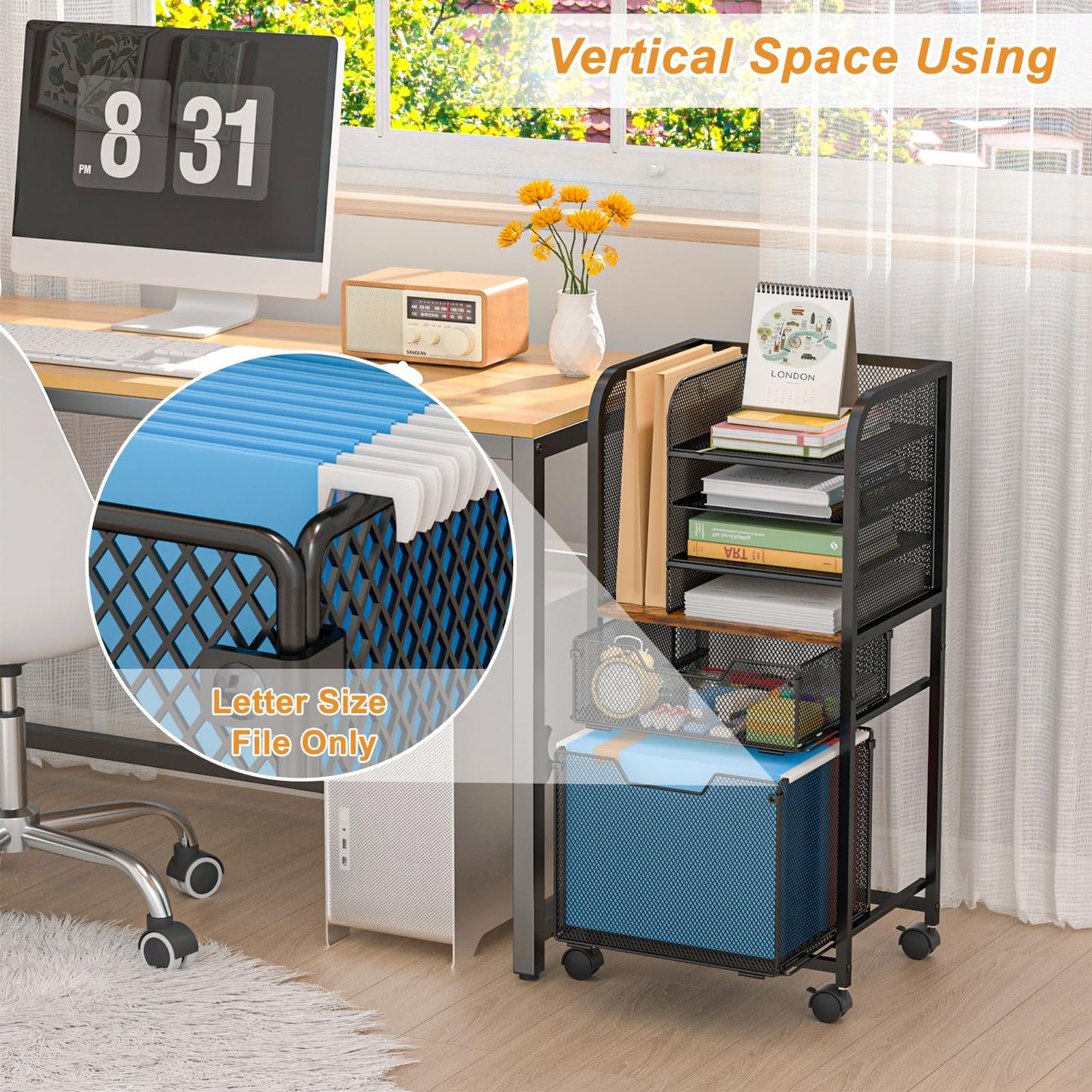 Feyejade 6-Tier Rolling File Cart with 2 Drawers, File Cabinet Organizer for Hanging File Folders, Letter-Size File Storage with Wheels, Multi-Layer Mobile Filing Cabinet for Office and Home