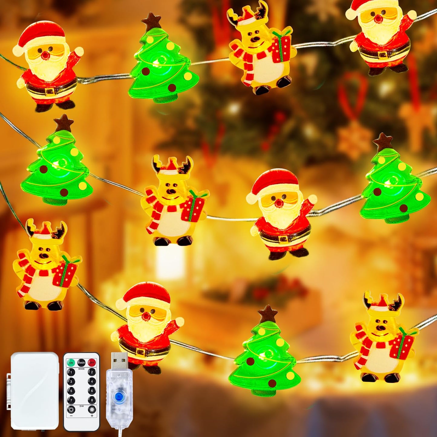 Yooumoga Christmas String Lights - 16FT 50 LED Santa Claus/Deer/Tree Fairy Lights, Battery/USB Powered with Remote & 8 Lighting Modes for Indoor Outdoor Xmas Tree Party Decor (1 Pack-USB)