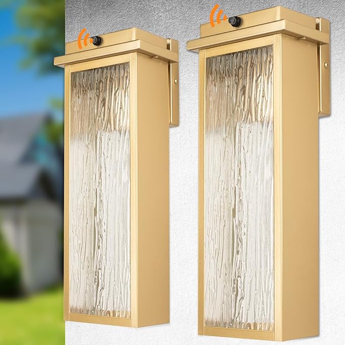 16" Dusk to Dawn LED Outdoor Light 2 Packs, Gold Outside Porch Lights Wall Mount, Large Exterior Lighting Fixtures with Rippled Glass, Waterproof Modern Wall Lantern for House, Patio