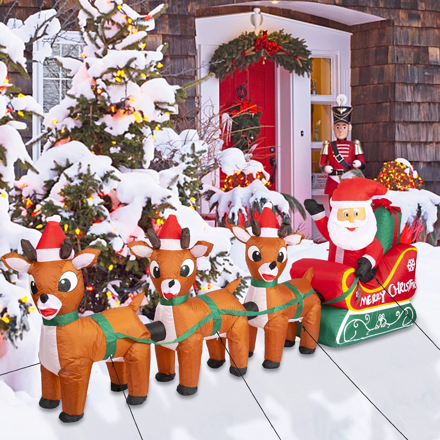 8FT Christmas Inflatables Outdoor Decoration Christmas Blow Up Yard Decorations Inflatable Santa Claus on Sleigh with Reindeers Outdoor Indoor Holiday Lawn Yard Decor