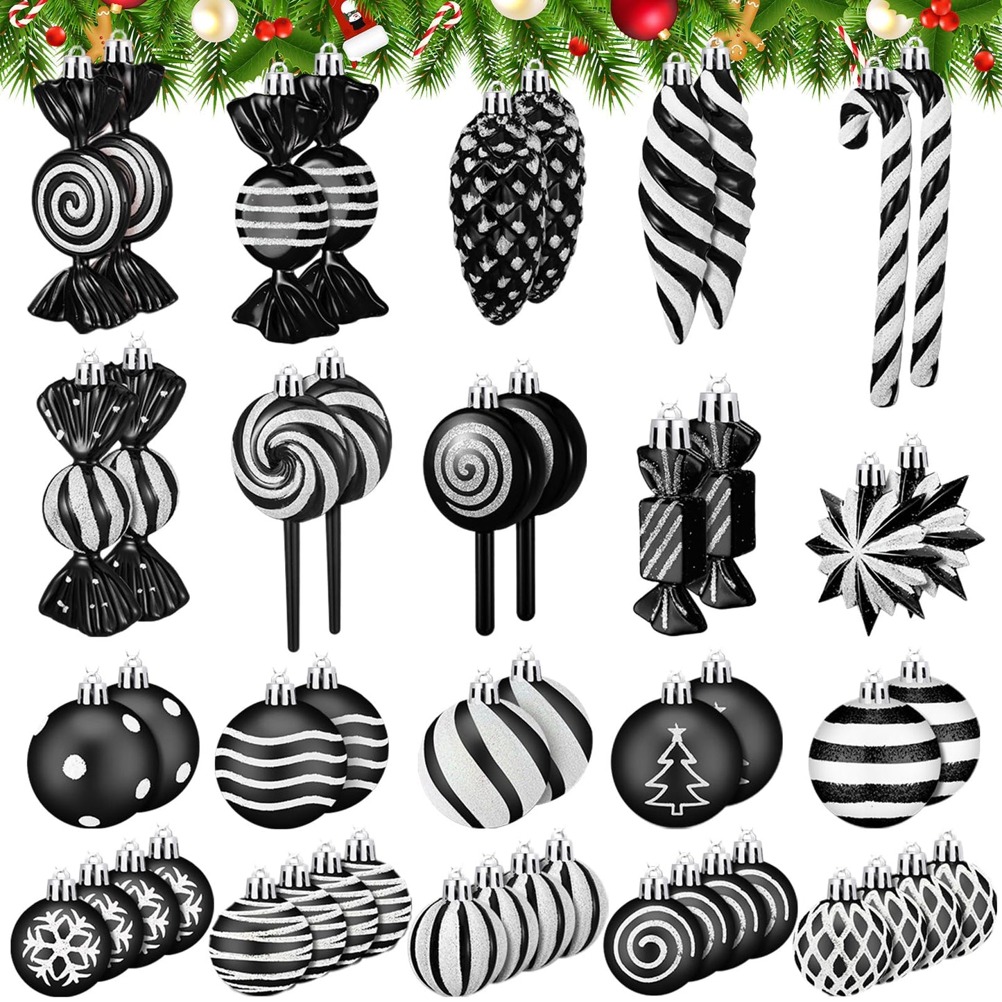 Knitgrip 50 Pcs Christmas Candy Cane Lollipop Ornaments Christmas Peppermint Candy Tree Balls Decorations with Rope Plastic Xmas Hanging Ornaments for Party Decor(Black, White)