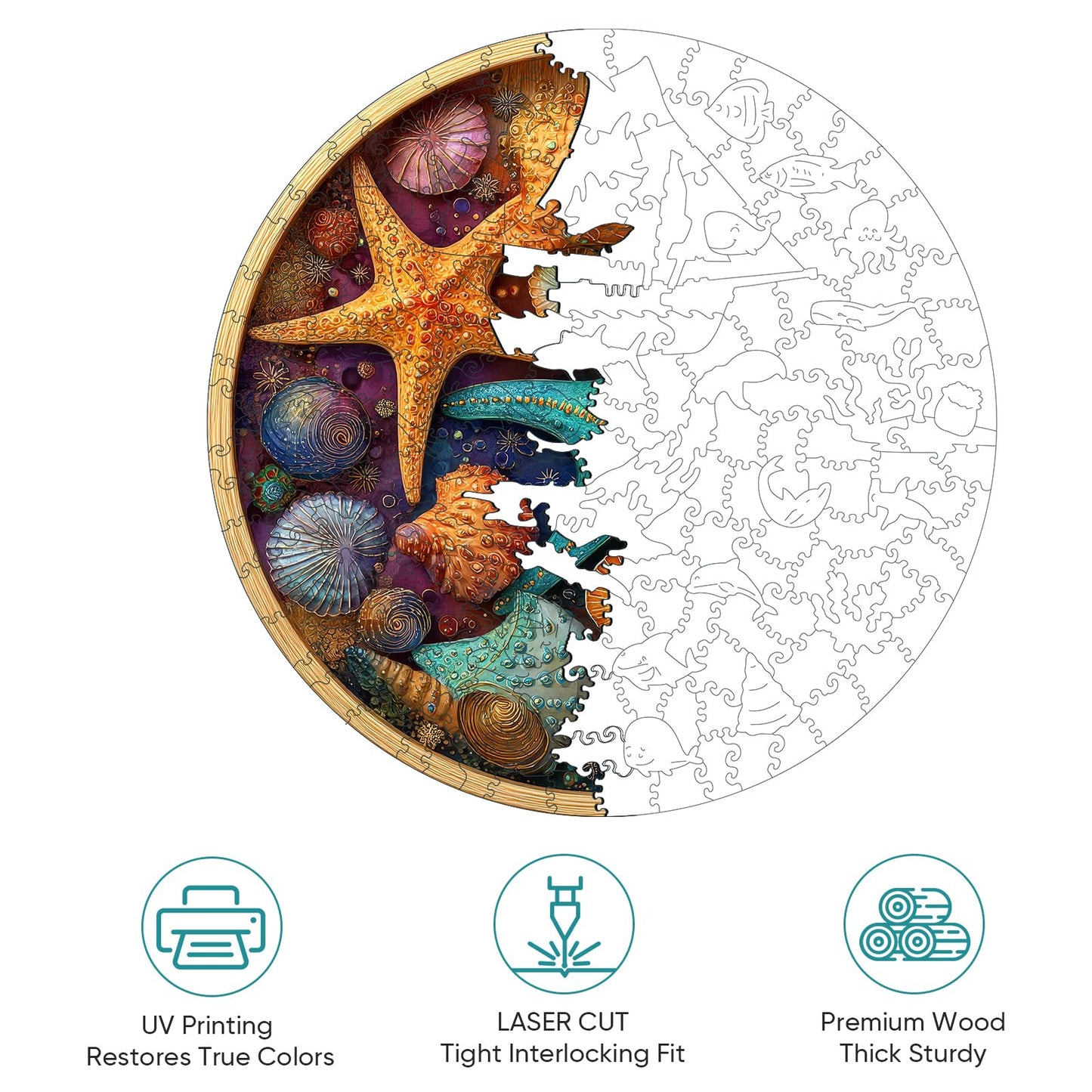 Mocfesk Wooden Puzzles for Adults, Shell Starfish Puzzles 200 Pieces, Unique Shaped Underwater Ocean Jigsaw Puzzles, Birthday Gifts Fun Family Game 11.2'' x 11.2''