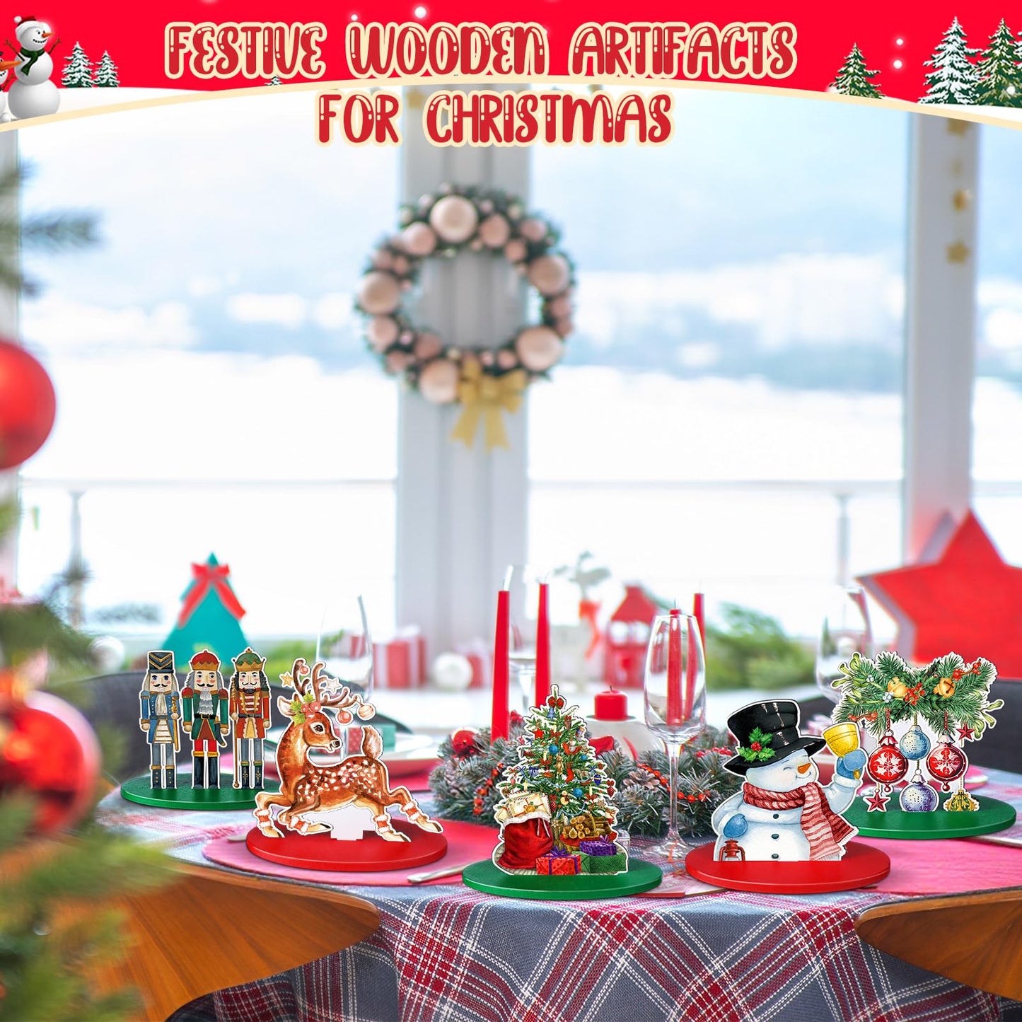 Yousoontic 12 Pcs Christmas Wooden Table Centerpieces Decorations Santa Claus Snowman Pine Tree Elk Nutcracker Wooden Signs Tabletop Centerpieces Home Decor for Xmas Holiday (Wonderful Christmas)