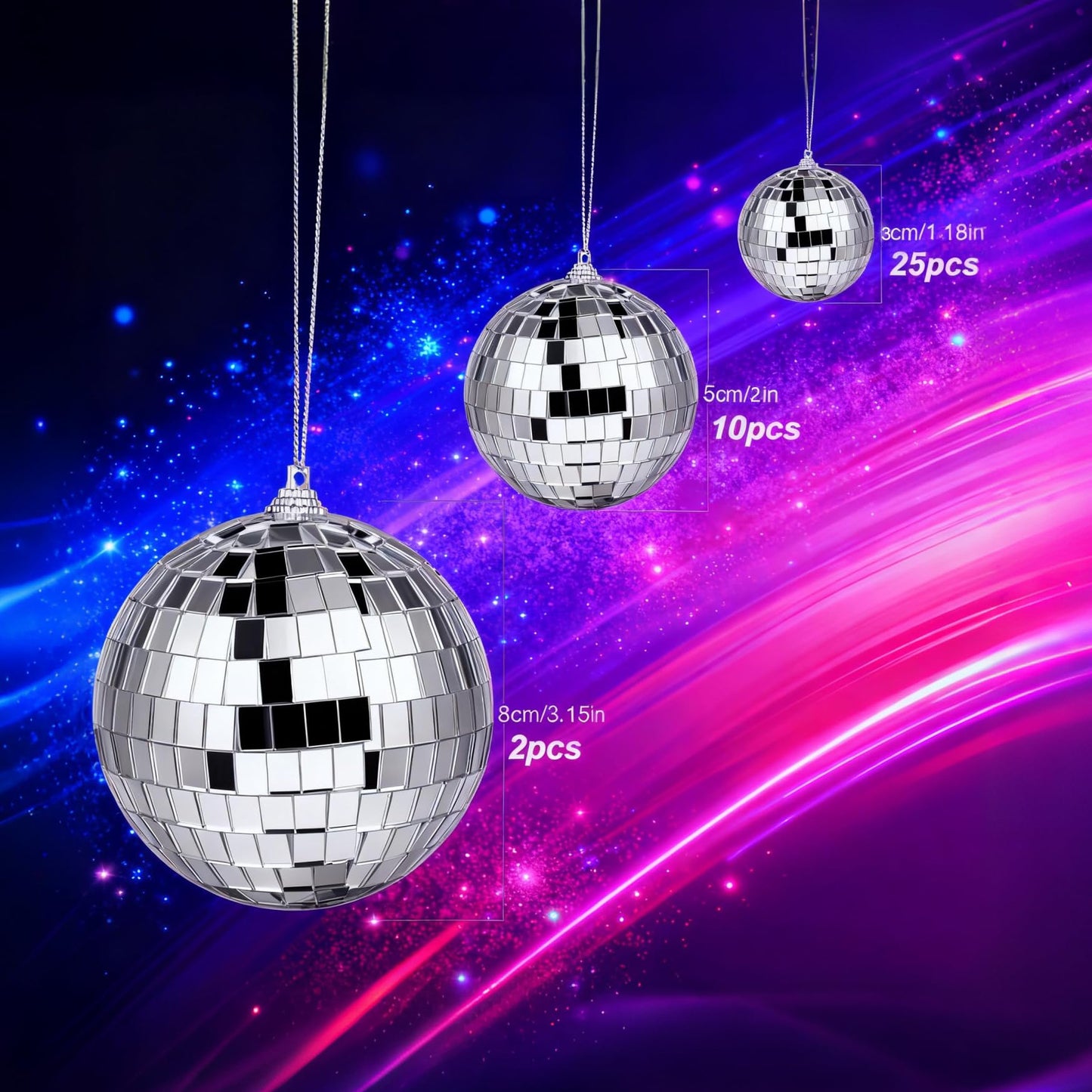 37 Pcs Mini Disco Mirror Ball Ornaments, Silver Disco Mirror Ball, Fun Silver Hanging for Party Decoration, Christmas Tree Ornaments Disco Ball Cup Toppers Wedding Birthday Party Festive Dance