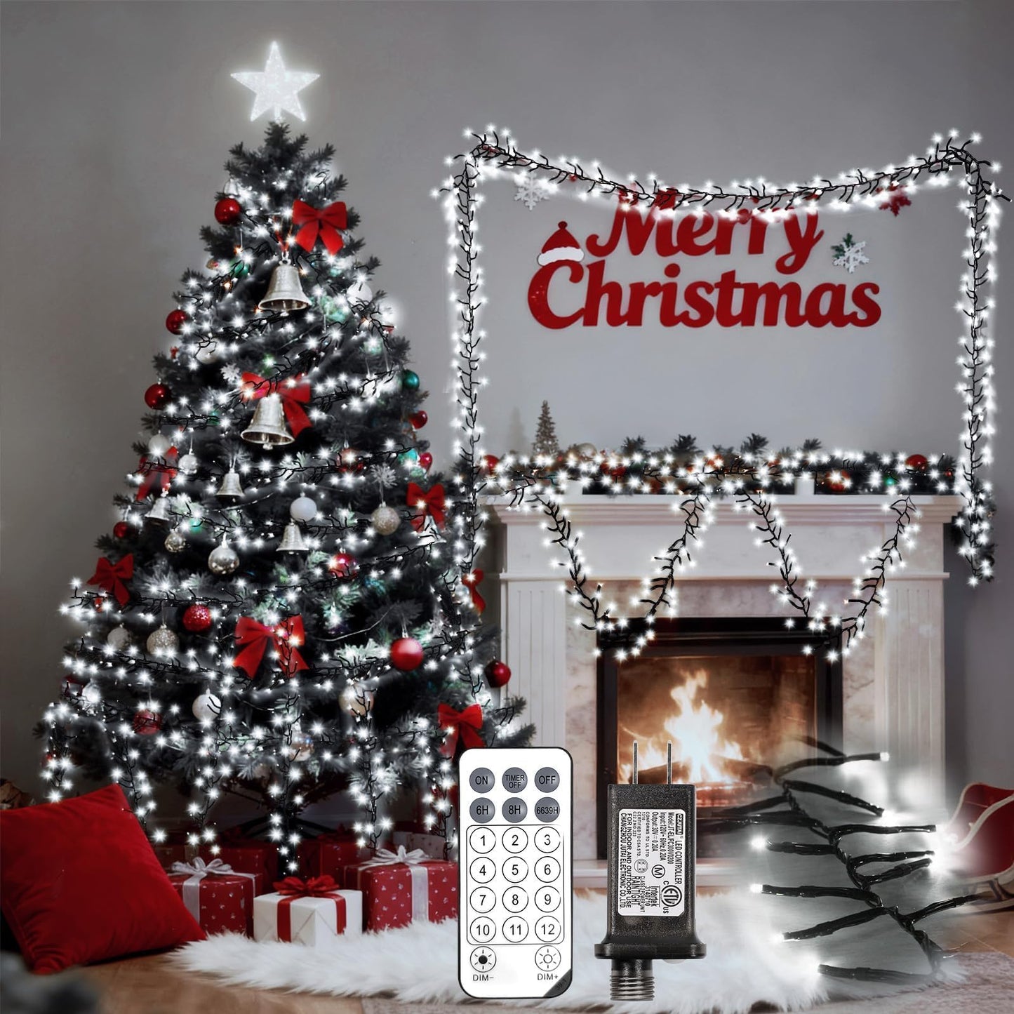 1200 LED 59FT Christmas Cluster Lights, Cool White Christmas Tree Lights Outdoor, Firecrackers String Light with 12 Modes Timer Remote, Waterproof Plug in Twinkle Fairy Light for Xmas Tree Garland