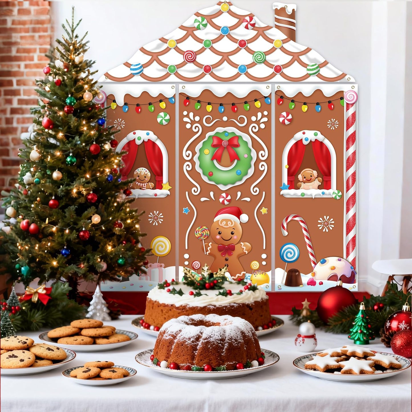 4pcs Gingerbread House Door Cover Decorations, Christmas Gingerbread Door Banner Backdrop for Christmas Holiday Party Decor, 110.24 * 98.43 in