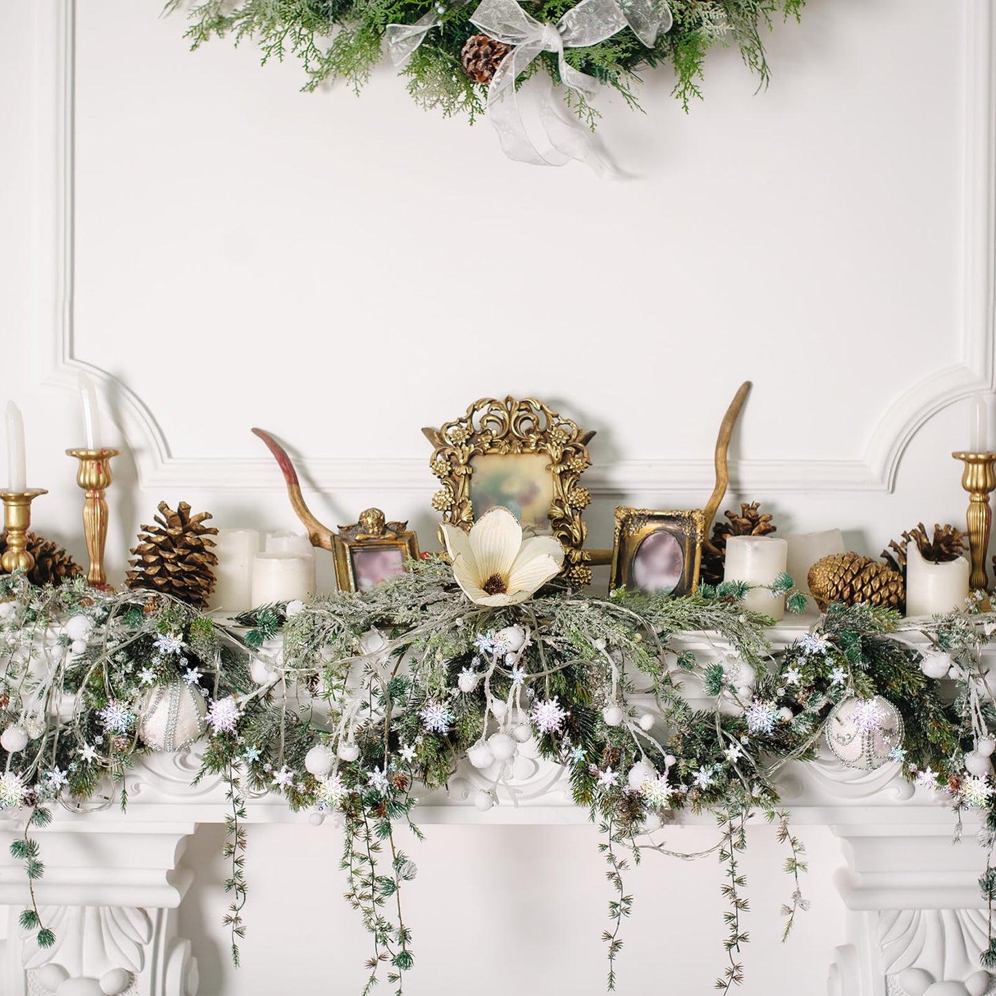Gerrii 19.6 Feet Christmas Snowflake Tree Garland Acrylic Snow Flake Garland Iridescent Christmas Ornaments 2 Pcs Hanging Crystal Wreath for Xmas Tree Mantel Curtains, 9.8 Ft/Each