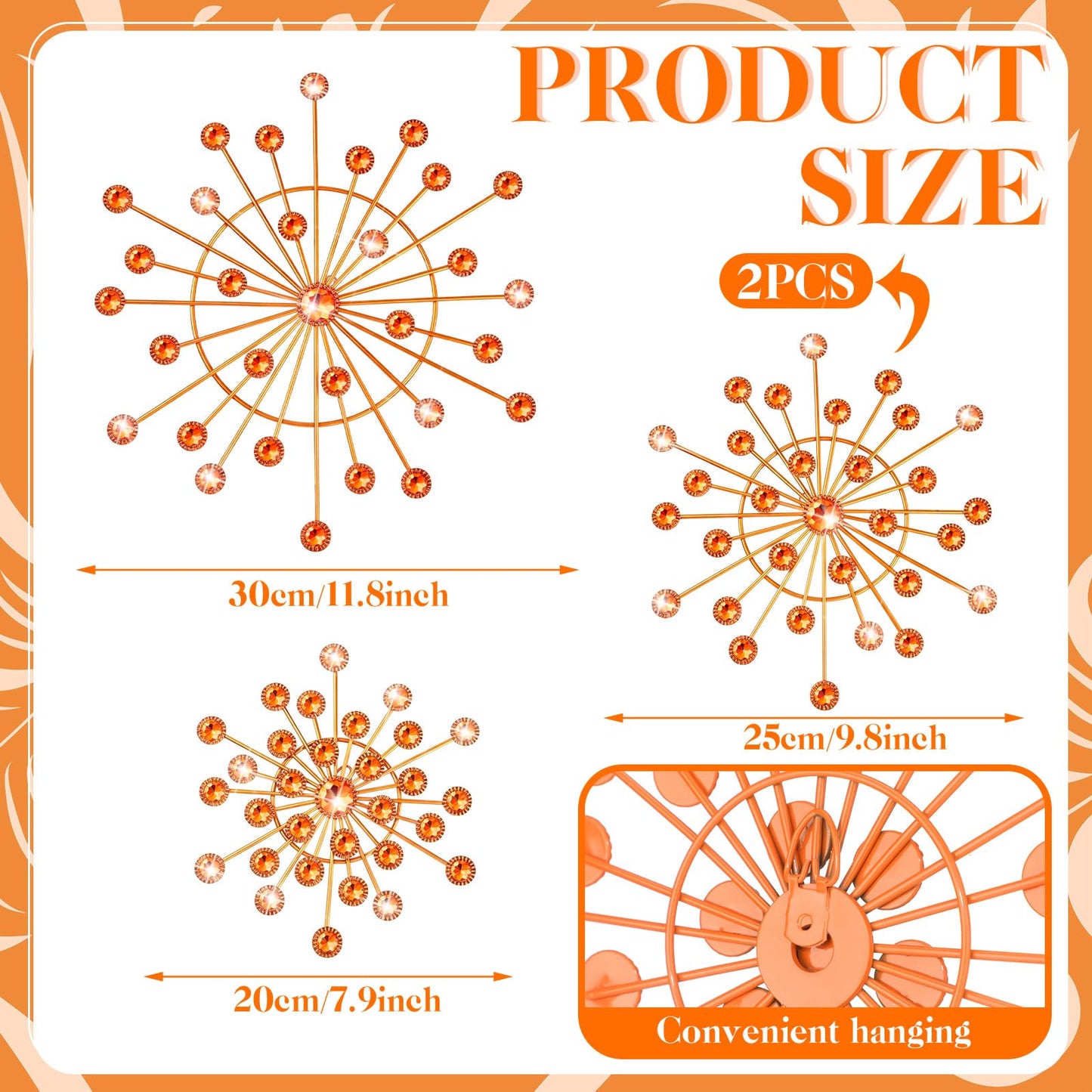 Blulu 4 Pcs Metal Wall Decor Bling Crystal Wall Art Cast Iron Rhinestones Sunburst Decor Starburst Art Hanging Diamond Accents Decorative for Living Room Bedroom Entryway (Orange)
